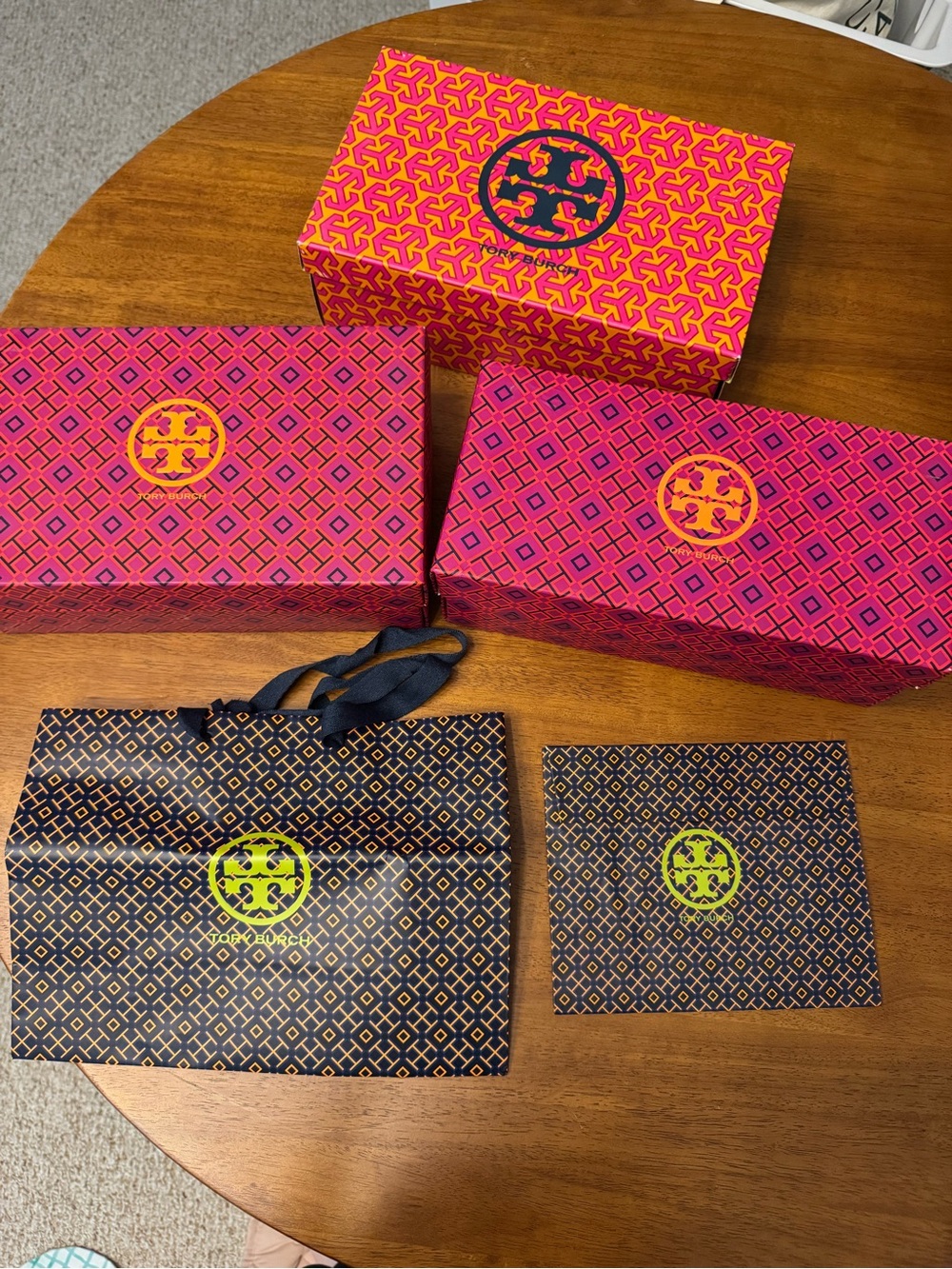 Tory Burch Pink and Orange Branded Gift Boxes and Bags